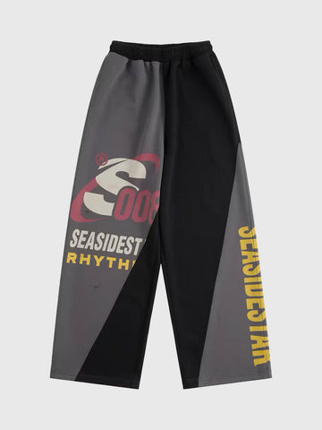 Co-ed Dorm Wide-leg Contrast Fold-over Waist Maxi Pants - Grey