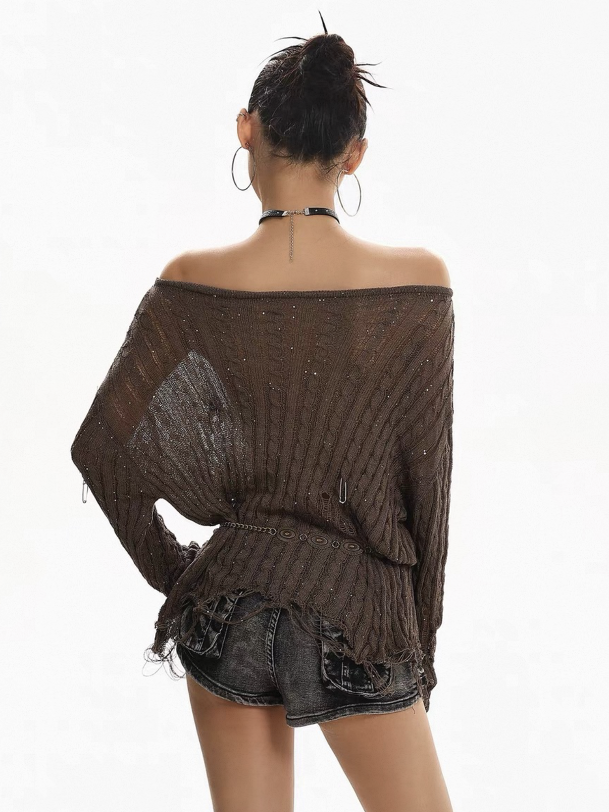Brick Lane Skimming Patterned Crewneck Knit Top - Brown