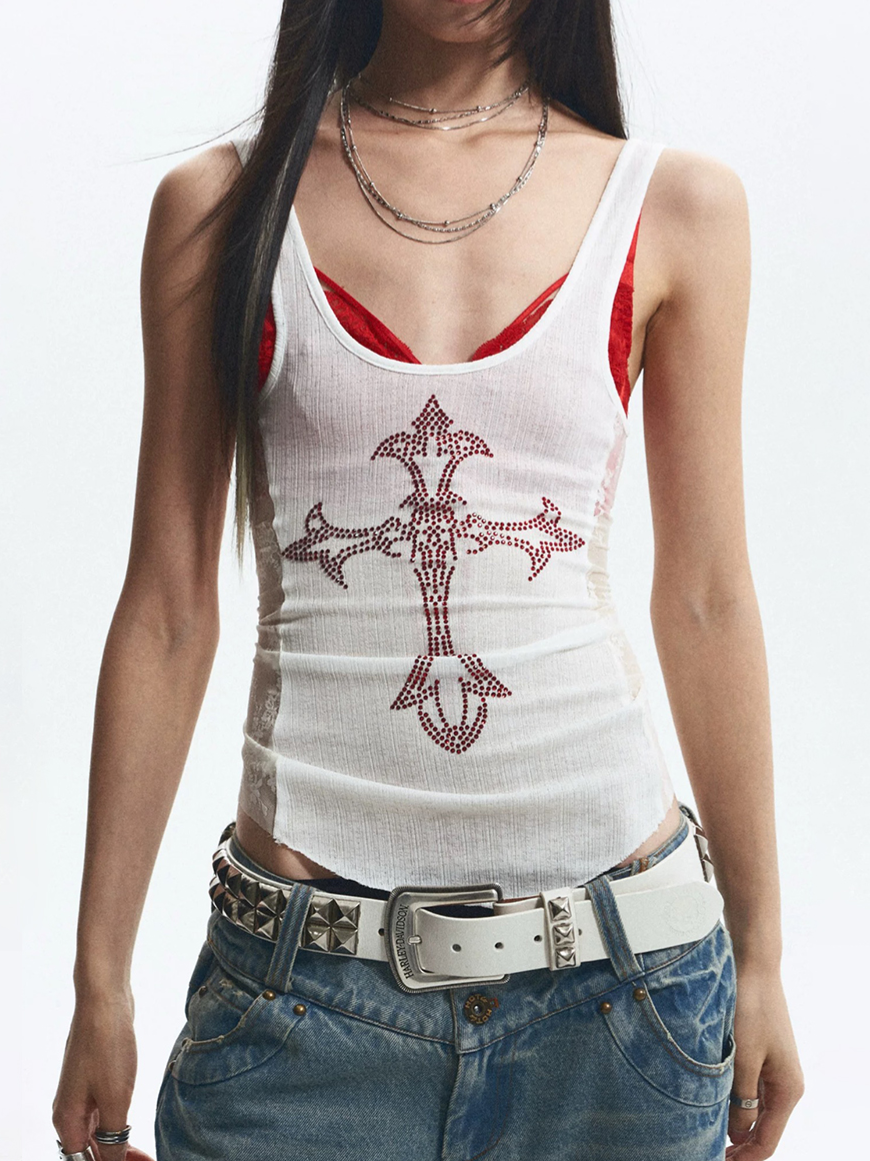 Brick Lane Skimming-fit Sheer Lace Rhinestone Cami Top - White