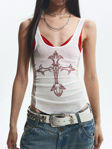 Brick Lane Skimming-fit Sheer Lace Rhinestone Cami Top - White