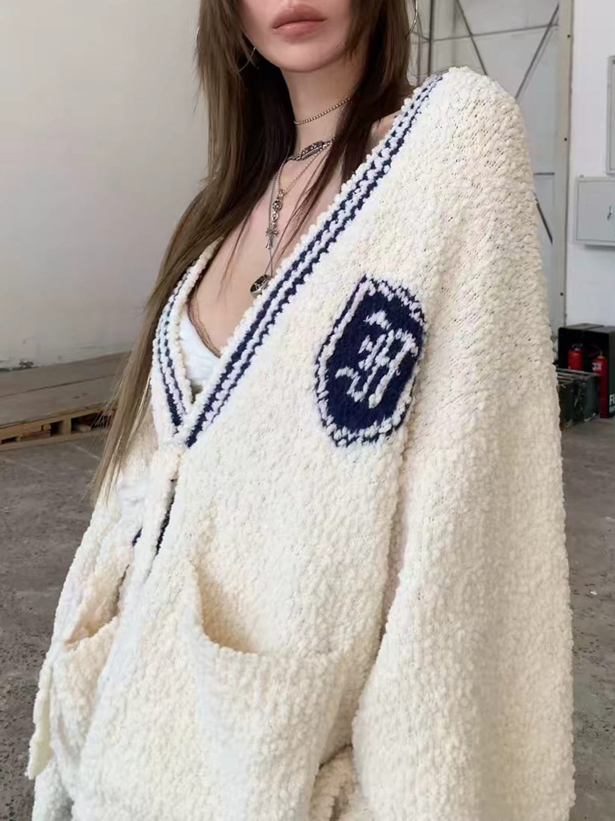American Club Baggy Number Patch V-Neck Knit Cardigan Sweater - White