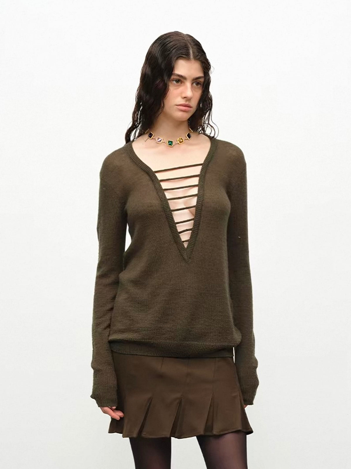 Brick Lane Skimming Lace-up Ribbed Knit Top - Brown