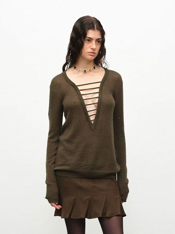 Brick Lane Skimming Lace-up Ribbed Knit Top - Brown