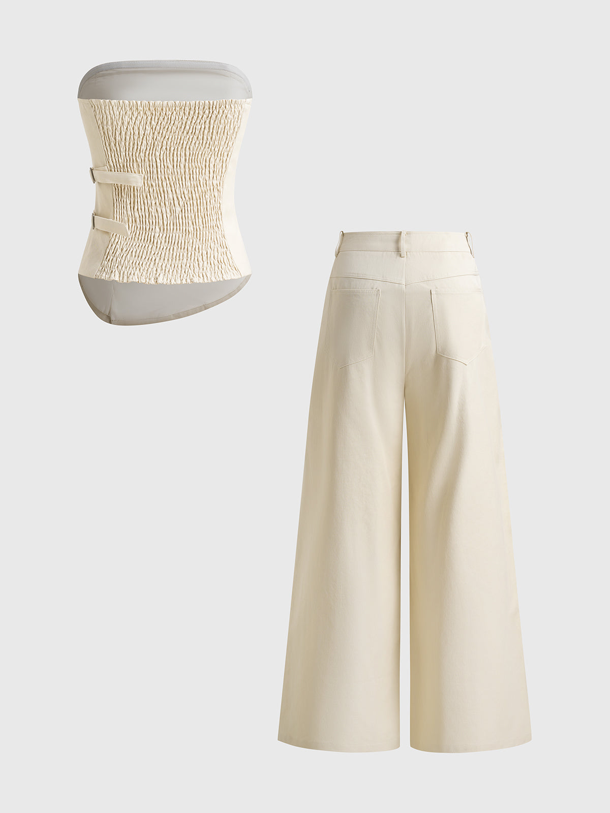 Dolled Office Strapless Top and Wide Leg Pants Set - Oatmeal