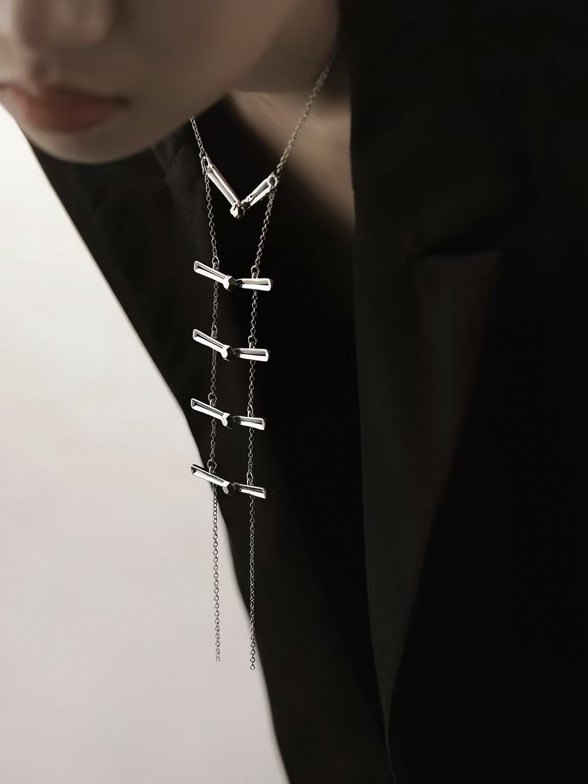 Brick Lane Casual Layered Safety Pin Drop Necklace - Silver