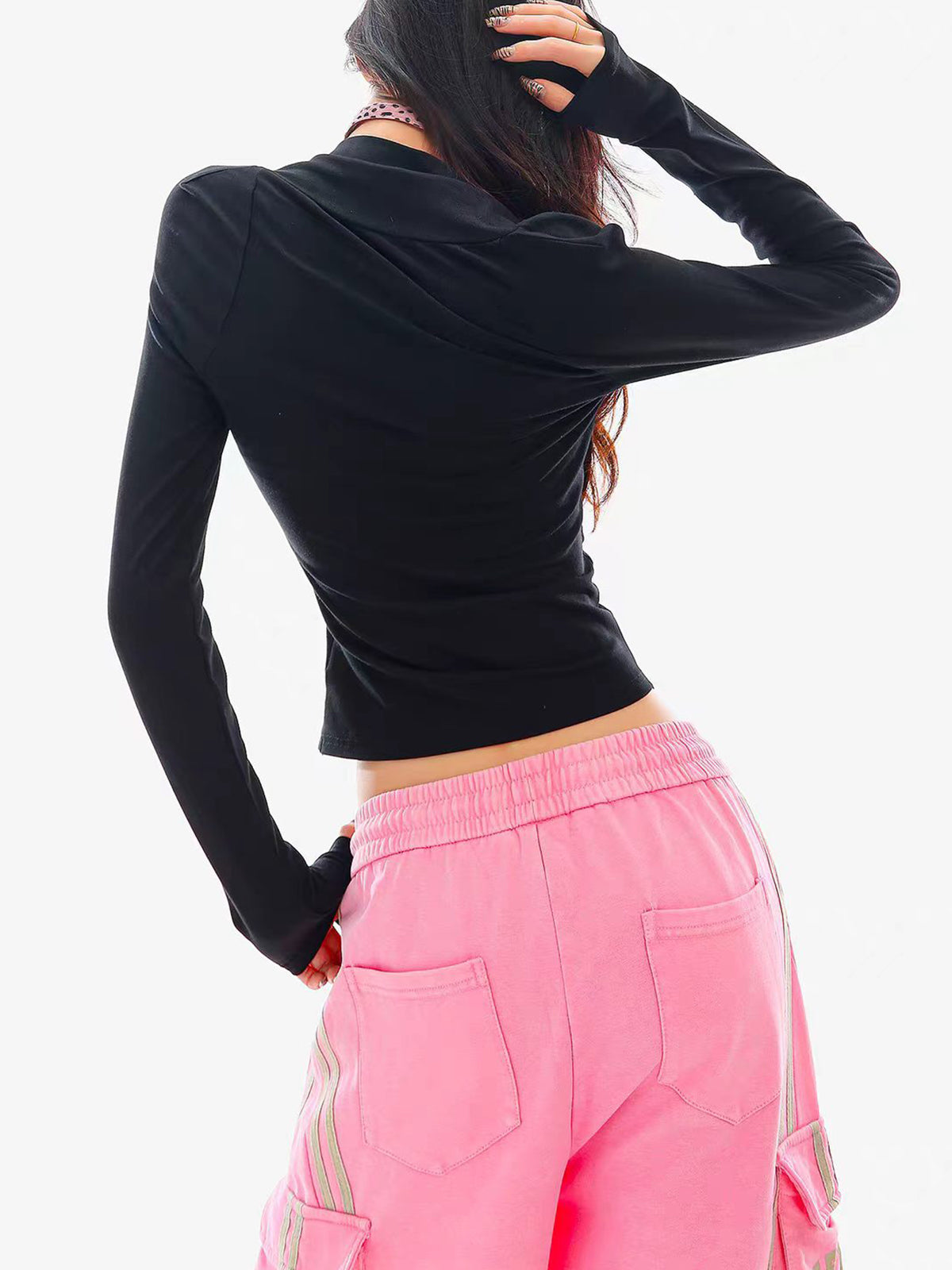 Brick Lane Skimming Graphic Print Long Sleeve Shrug Crop Top - Black