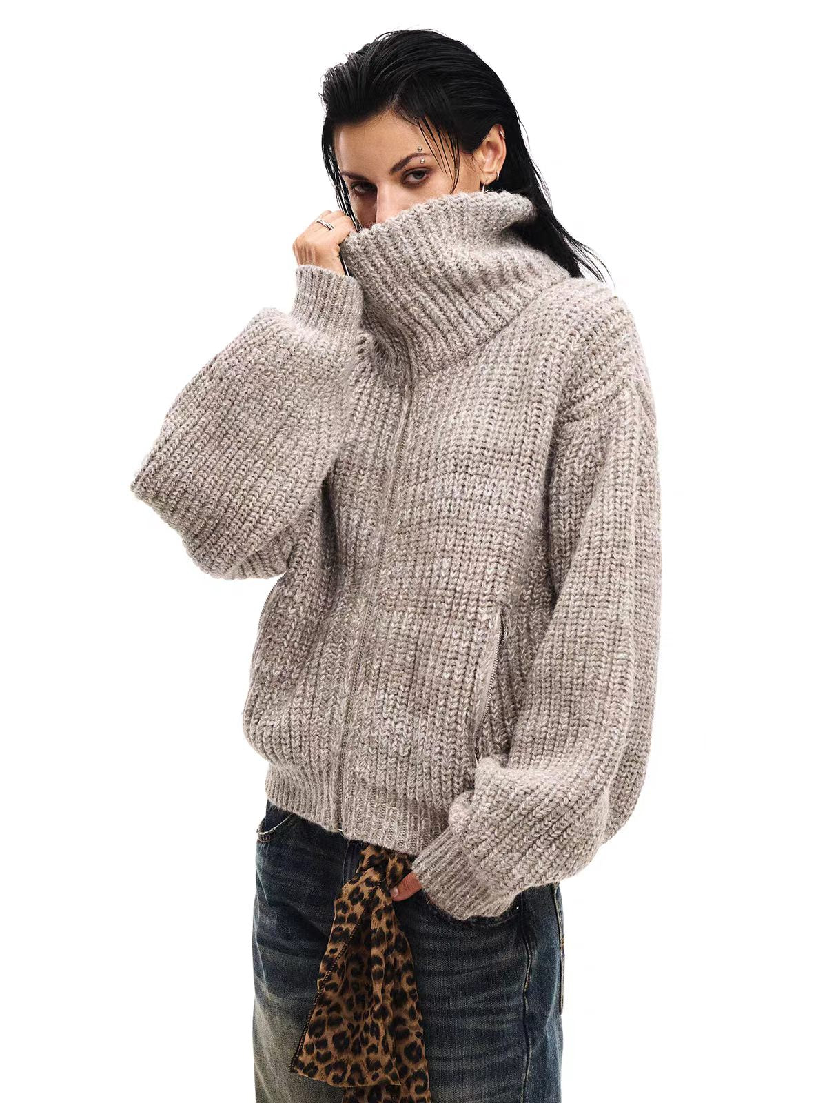 Brick Lane Baggy High Neck Textured Knit Sweater - Grey