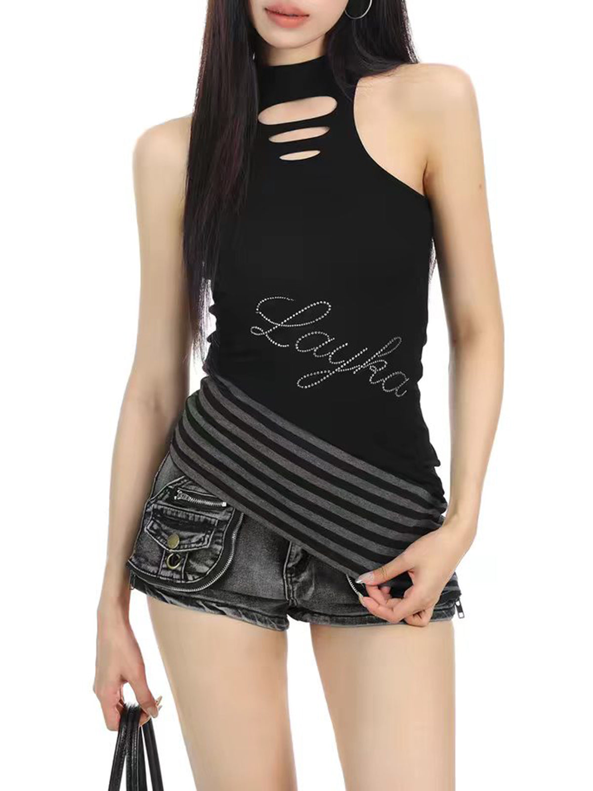 Brick Lane Asymmetrical Cut-Out Sleeveless Tank - Black