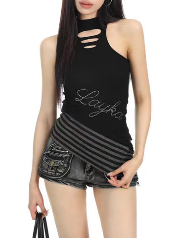 Brick Lane Asymmetrical Cut-Out Sleeveless Tank - Black
