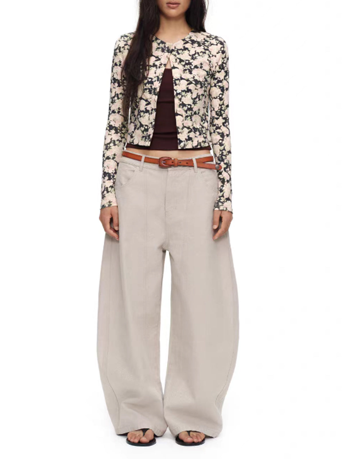 Brick Lane Cropped Camouflage Long Sleeve Knit Tee - Brown