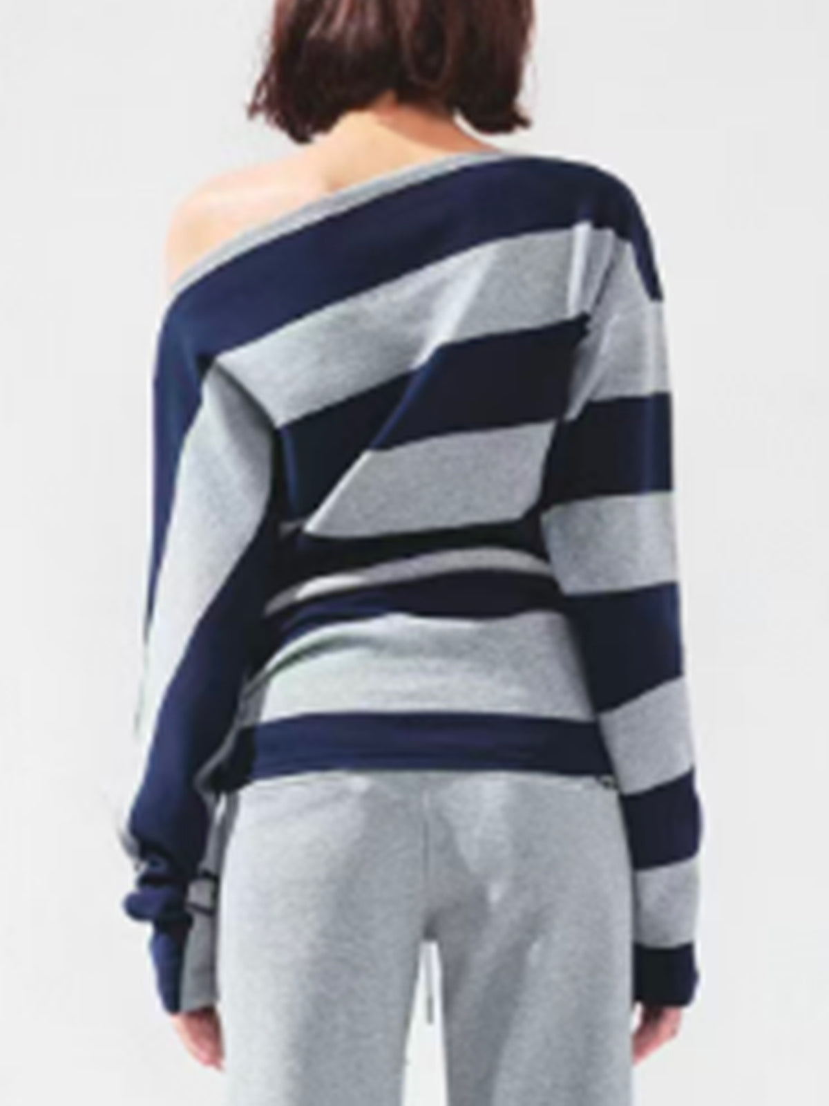 Brick Lane Striped Off-Shoulder Relaxed Knit Sweater - Blue/White