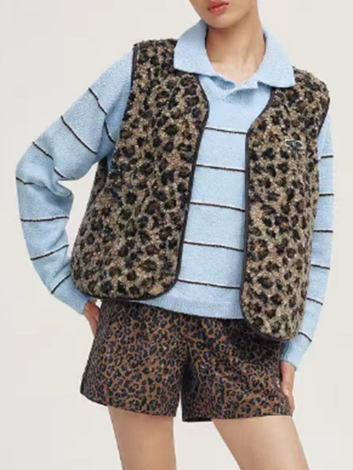 Brick Lane Regular Leopard Print Fleece Vest Jacket - Brown