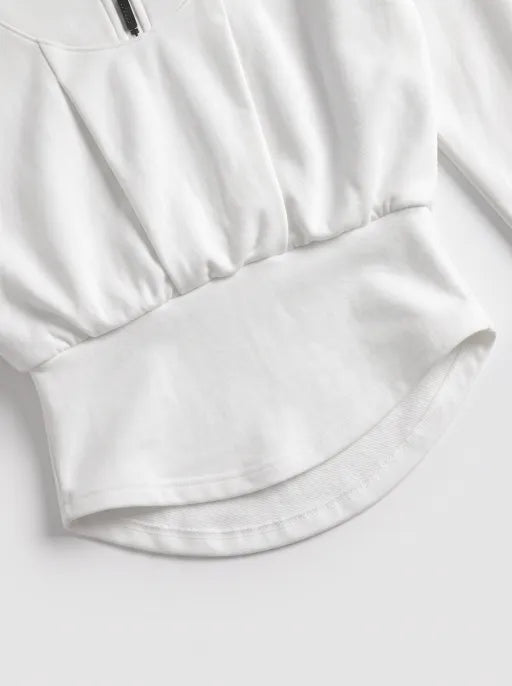 Co-ed Dorm Skimming Ruched Zip-Front Long Sleeve Top - White