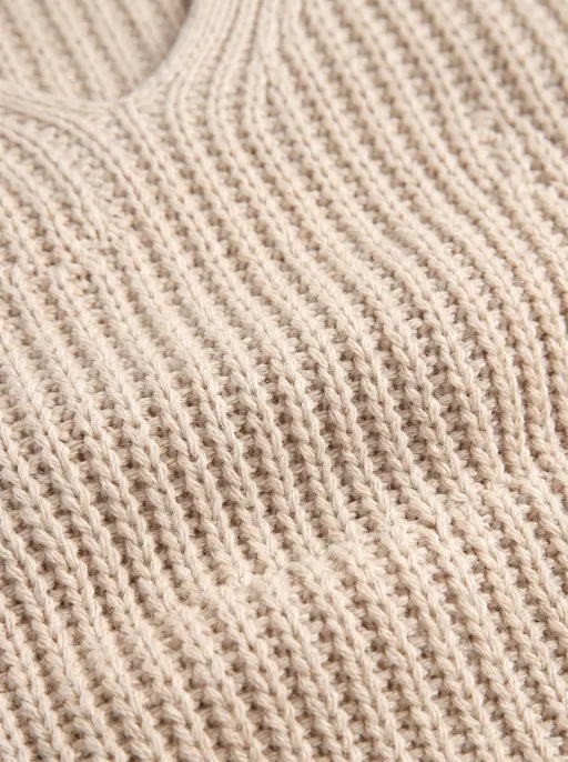 Co-ed Dorm Baggy Chunky V-Neck Knit Sweater - Beige