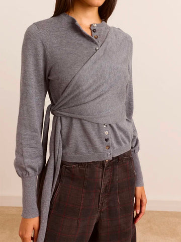 American Club Skimming Button-up Collar Long Sleeve Top - Grey