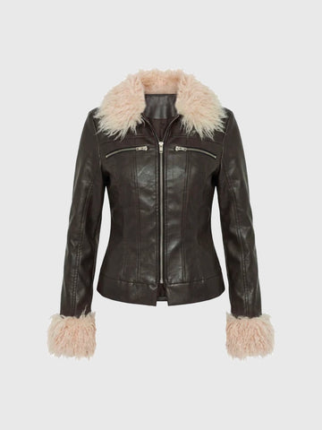 Brick Lane Skimming Faux-Fur Collar Leather Jacket - Black