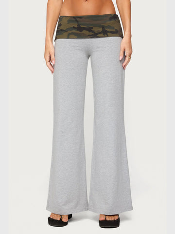 Co-ed Dorm Wide-leg Contrast Fold-over Waist Maxi Pants - Grey