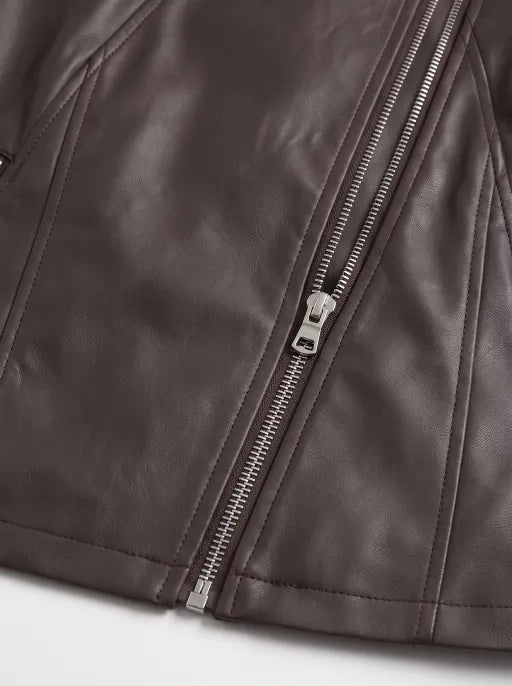 Co-ed Dorm Skimming Asymmetric-Zip Faux-Leather Jacket - Brown