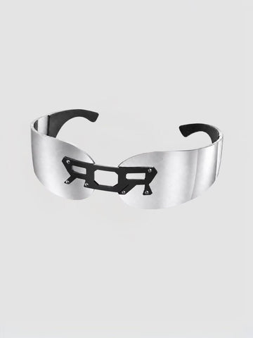Brick Lane Y2K Futuristic Cut-out Rimless Shield Sunglasses - Silver