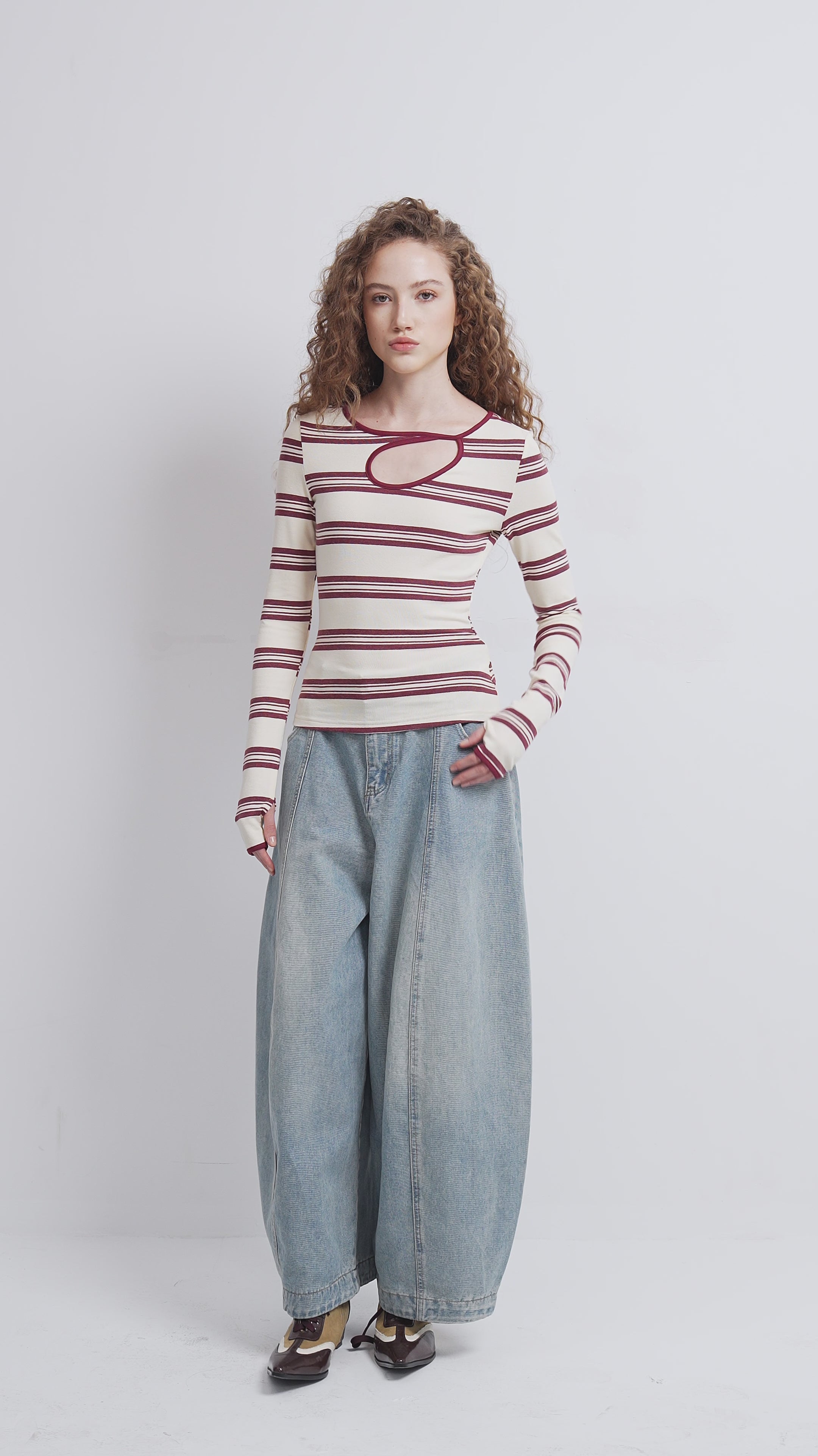 Line Break Cutout Sleeve Top - Red Stripe