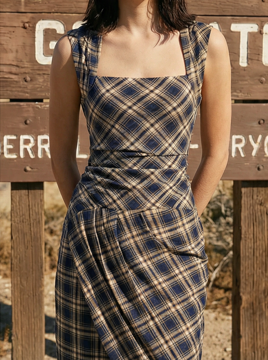Puzzle Check Waist Dress - Cocoa Brown