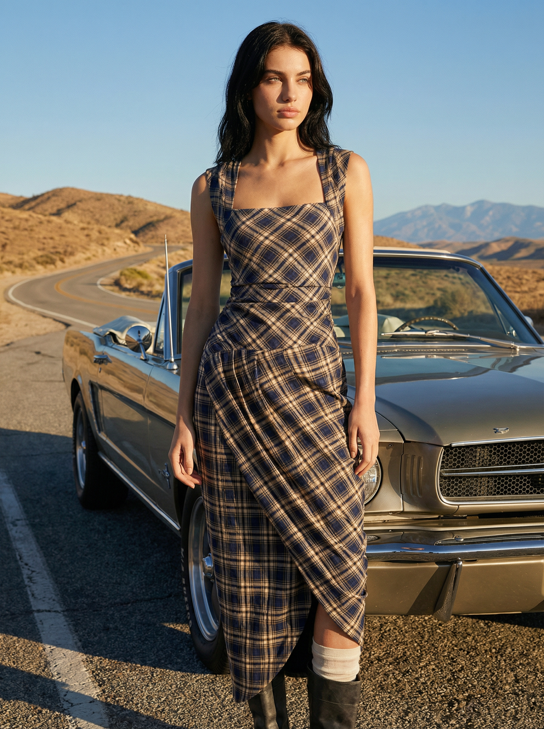 Puzzle Check Waist Dress - Cocoa Brown