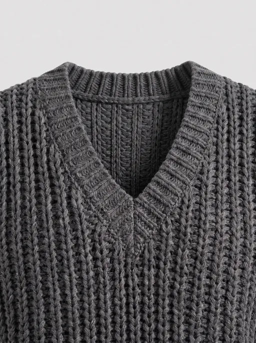 Co-ed Dorm Skimming Cable-Knit V-Neck Vest Top - Grey