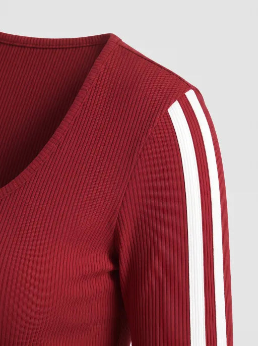 Co-ed Dorm Skimming Striped Long Sleeve Top - Red