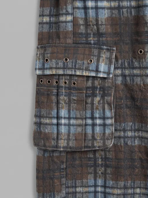 Co-ed Dorm Baggy Distressed Plaid Cargo Pants - Brown