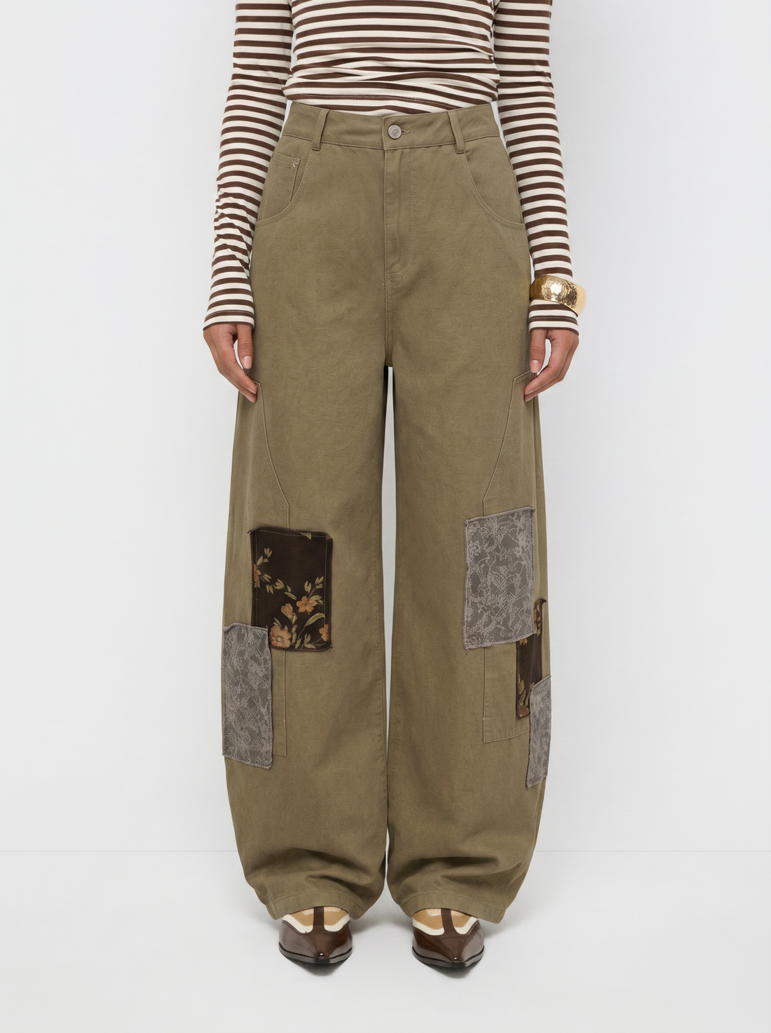 Brick Lane Curved Cut Patchwork Cargo Pants - Olive