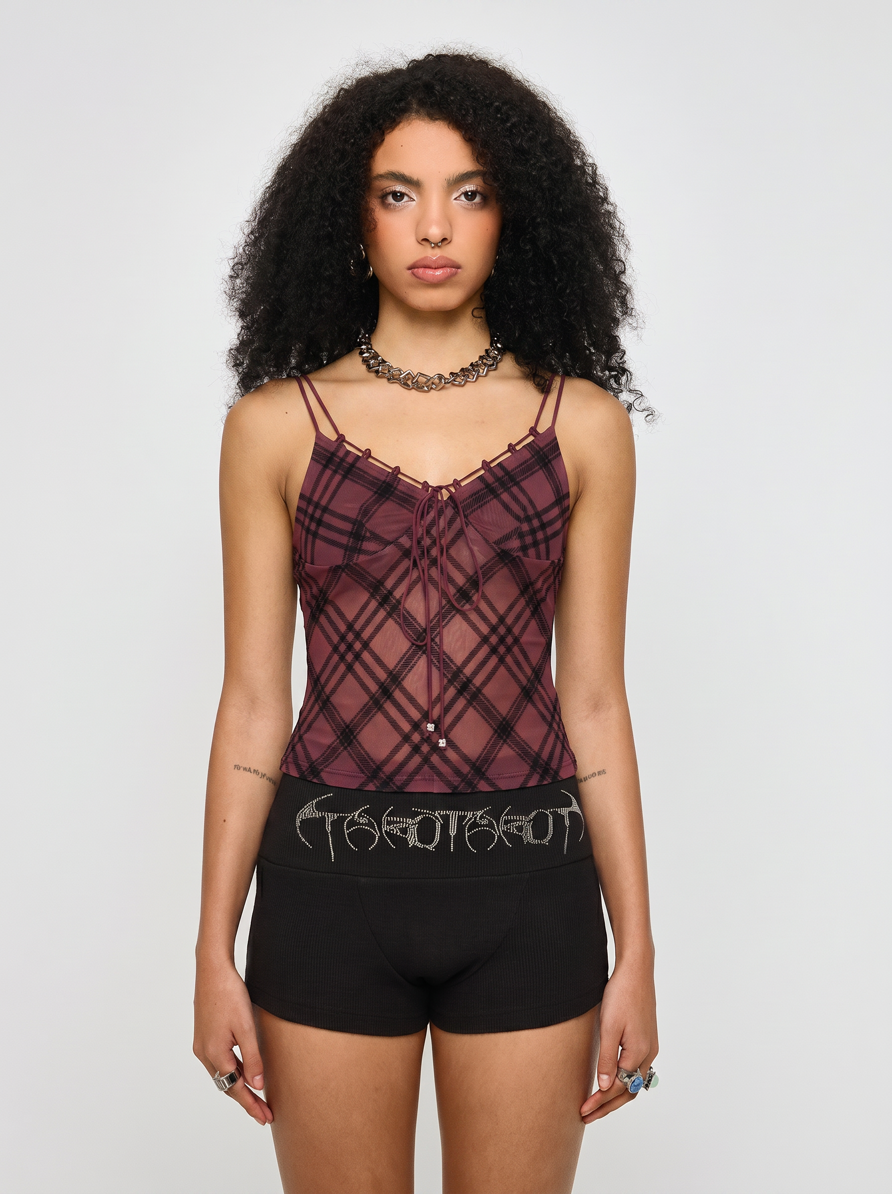 Brick Lane Plaid Lace Trim Cami Top - Burgundy