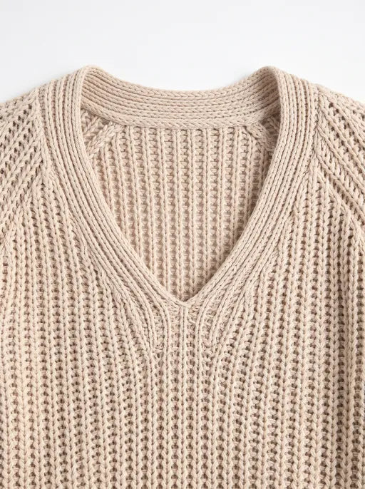 Co-ed Dorm Baggy Chunky V-Neck Knit Sweater - Beige